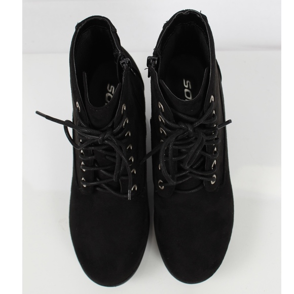 Black Lace Up Faux Suede Lug Heel Ankle Boot - Picture 5 of 7